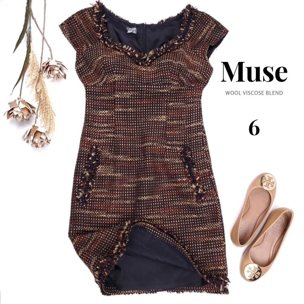 Muse Sweetheart Neck Brown Tweed Dress sz 6
